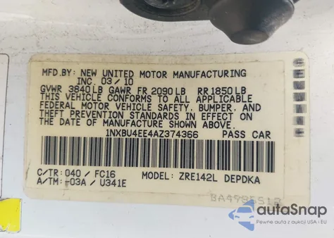 2010 Toyota Corolla Le из США, поврежденный, VIN 1NXBU4EE4AZ374366